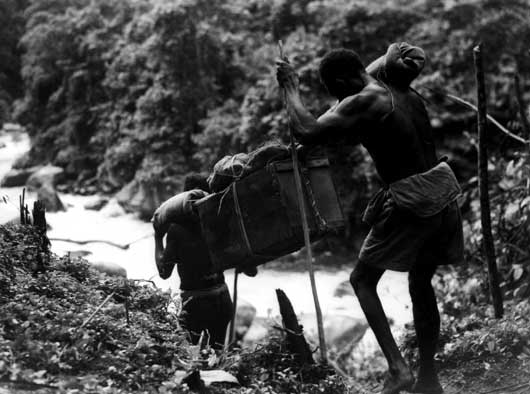 Native bearers, known as 'Fuzzy Wuzzy Angels', walked long distances with heavy loads of supplies and equipment for Australian troops (AWM 013002).