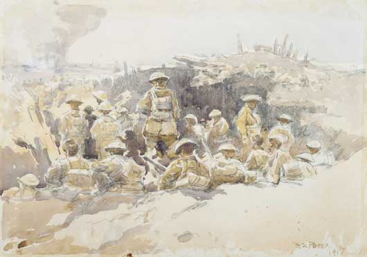 Artwork by H Septimus Power entitled 'Reserves in the trenches' (AWM ART03310).