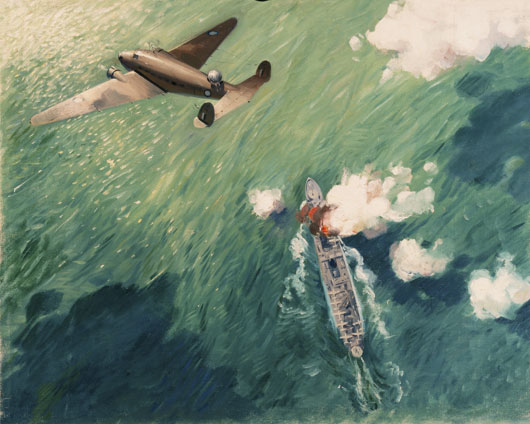 An artwork depicting a Lockheed Hudson of 6 Squadron RAAF scoring a direct hit on a Japanese seaplane tender south of New Britain (AWM ART25914).