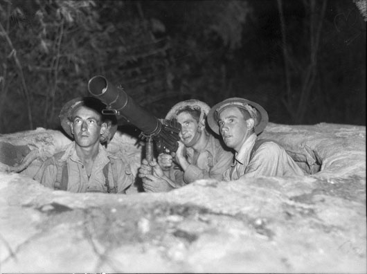 A machine gun crew on anti-aircraft duty in the Darwin area, 1942 (AWM 012741).